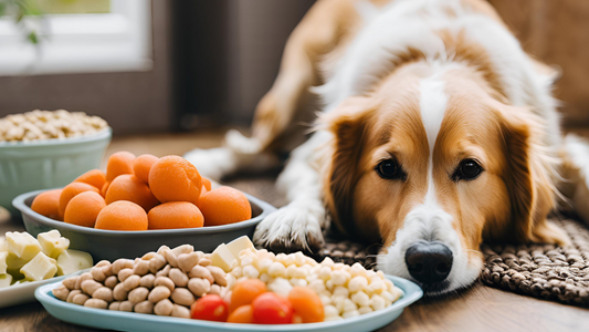 Un cane curioso guarda un piatto di cibo con cibi pericolosi per i cani.