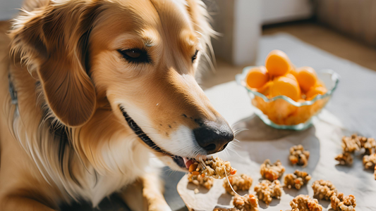 Un cane felice mangia uno snack casalingo.